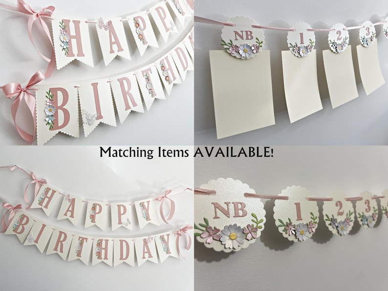 以下が含まれることがあります： ピンクと白の「Happy Birthday」の文字がピンクの文字で書かれたバナー。バナーは小さな白い花で飾られています。また、1、2、3、および「NB」の数字が書かれたマッチングカードもあります。