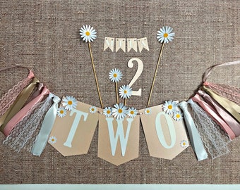 Daisy ONE/ TWO High Chair Banner and Cake Toppers - Groovy Flower Power Birthday Decorations. Woodstock Banner. Floral First Birthday Banner