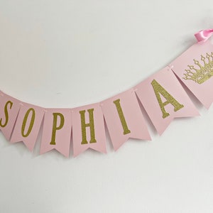 Princess NAME Banner Princess CROWN Banner. Personalized Name Banner Girl 1 st Birthday Pink Gold Birthday Party Decorations. Baby Shower image 4