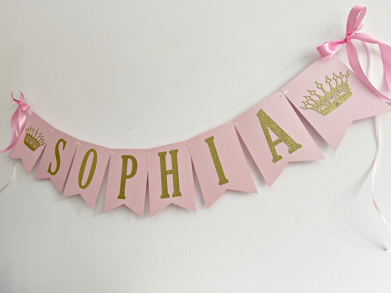 Princess NAME Banner Princess CROWN Banner. Personalized Name Banner Girl 1 st Birthday Pink Gold Birthday Party Decorations. Baby Shower image 4