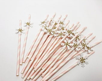 10 Snowflake Straws, Winter Wonderland Birthday Decorations, Winter Onederland First Birthday, Snowflake Decorations, Pink Snowflake Straws