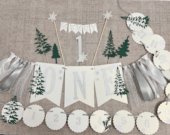 Winter Onederland First Birthday Banner | Forest Woodland Pine Trees Silver Glitter