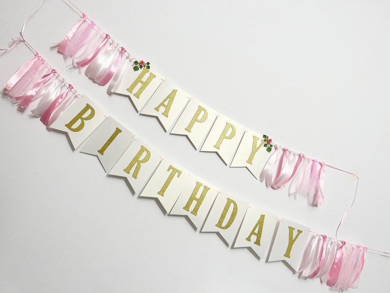 Floral Happy Birthday Banner Pink & Gold Silver 1st Birthday Decorations. Floral Birthday Banner Cake Smash Photo Flower Theme Party Decor image 6