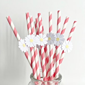 10 Daisy Paper Straws or Cupcake Toppers Two Groovy Daisy Birthday Decorations. Bridal Shower, Wedding, Engagement, Retro Vintage Birthday Pink Straws