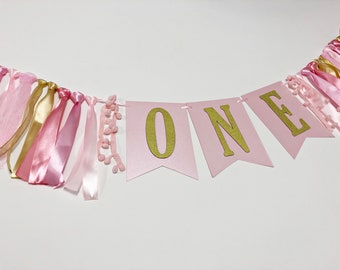 Pink and Gold ONE Banner - Girl First Birthday Decorations. ONE Banner Girl 1st Birthday Cake Smash Prop I Am One First Birthday Decorations