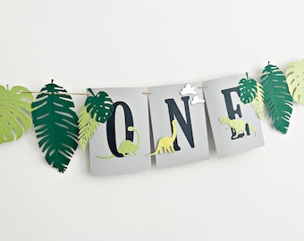 Dinosaur ONE Banner – Tropical Leaf Dino Birthday Party Decor