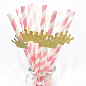 10 Princess Crown Paper Straws - Pink Gold Party  Decorations Gold Crown Straws Princess Party 1st Happy Birthday Decorations Glitter Crown