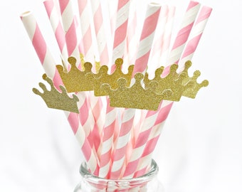 10 Princess Crown Paper Straws - Pink Gold Party  Decorations Gold Crown Straws Princess Party 1st Happy Birthday Decorations Glitter Crown