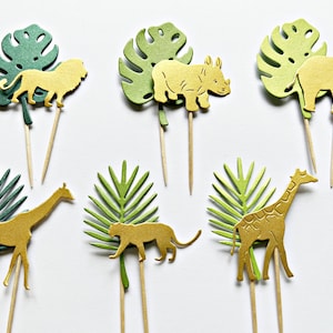 12 Jungle Safari Cupcake Toppers - Jungle Baby Shower Decorations. Safari Birthday Party Decor Jungle Animal Cupcake Toppers Tropical Leaves