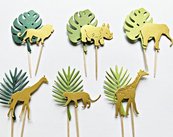 12 Jungle Safari Cupcake Toppers - Jungle Baby Shower Decorations. Safari Birthday Party Decor Jungle Animal Cupcake Toppers Tropical Leaves