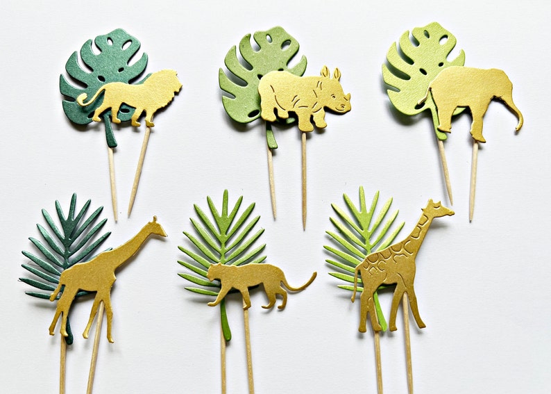 12 Dschungel Safari Cupcake Toppers Dschungel Baby Shower Dekorationen. Safari Geburtstag Party Dekor Dschungel Tier Cupcake Toppers Tropische Blätter 6 Animals + 6 Leaves