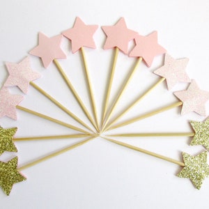 12 Pink & Gold Star Cupcake Toppers Mini Taille Twinkle Twinkle Little Star Premier Anniversaire Baby Shower Bachelorette Genre Révéler Donut Topper Pink & Gold