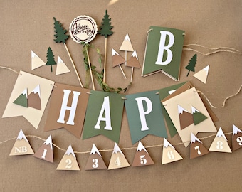 Mountain First Birthday Banner – Adventure Awaits Party Decor