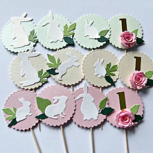 Some Bunny is One Party Decorations - Bunny Cupcake Toppers. White Bunny Rabbits. First Birthday Party.  Easter Bunny Rabbit Cupcake Toppers