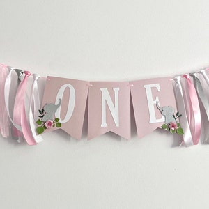 Elephant First Birthday Party Decorations Pink Gray Elephant ONE High Chair Banner Girl 1st Birthday Floral High Chair Banner Cute Elephant