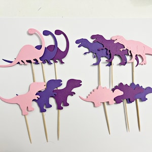 May include: Purple and pink dinosaur cake toppers. The dinosaurs are in various poses, including standing, walking, and running. They are made of cardstock and have wooden skewers attached to the back.