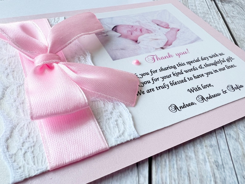 Pink Baptism Thank You Card Custom Photo Religious Thank You. Bow Lace Photo Thanks. Baptism, Christening Girl, First Communion Thank You image 3