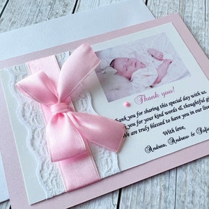 Pink Baptism Thank You Card Custom Photo Religious Thank You. Bow Lace Photo Thanks. Baptism, Christening Girl, First Communion Thank You image 1