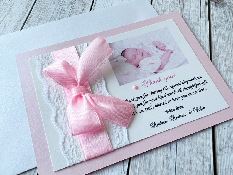 Pink Baptism Thank You Card Custom Photo Religious Thank You. Bow Lace Photo Thanks. Baptism, Christening Girl, First Communion Thank You image 1