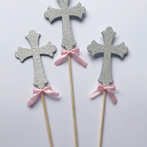 Set of 3 Glitter Cross Baptism Centerpieces Glitter Cross with Bow. Christening Baptism Decorations Cross Floral Picks Stick Centerpieces image 9