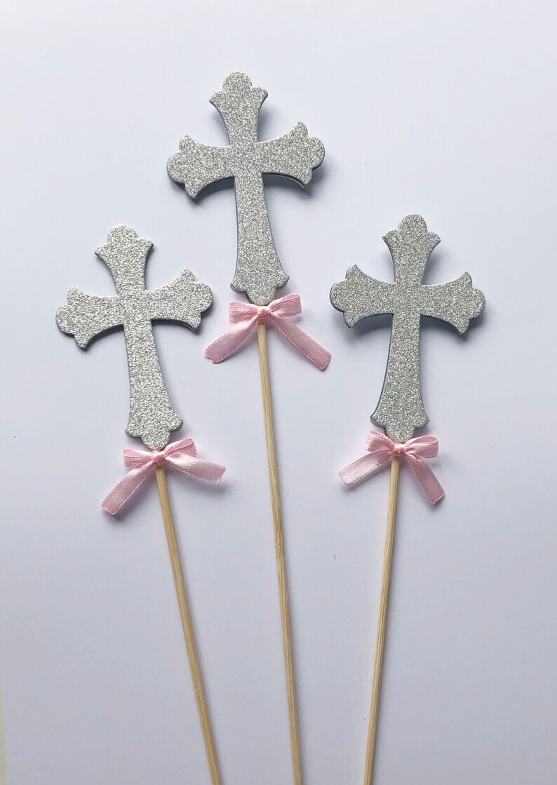 Set of 3 Glitter Cross Baptism Centerpieces Glitter Cross with Bow. Christening Baptism Decorations Cross Floral Picks Stick Centerpieces image 9