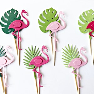 Pink Flamingo Cupcake Toppers - Tropical Cupcake Toppers, Tropical Party Decorations, Tropical Leaves Cupcake Toppers, Luau Cupcake Picks