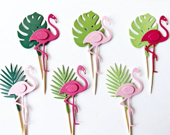 Pink Flamingo Cupcake Toppers - Tropical Cupcake Toppers, Tropical Party Decorations, Tropical Leaves Cupcake Toppers, Luau Cupcake Picks