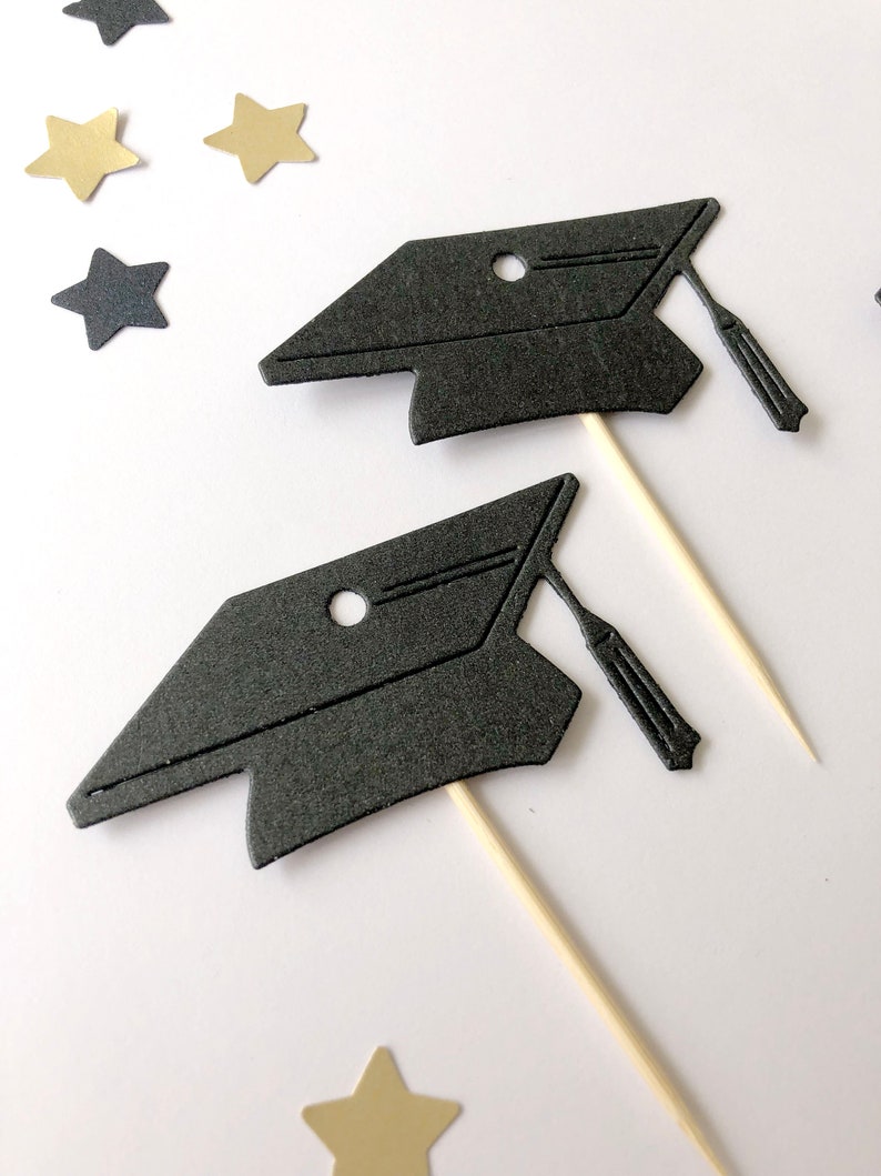 Graduation Cupcake Topper. Graduation Party Decor. Black glitter graduation cap cupcake toppers Congrats Grad Class of 2019 Graduation Party image 2