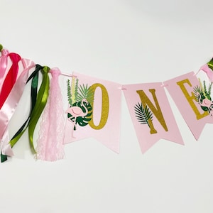 Pink Flamingo 1st Birthday - Tropical High Chair Banner. Kawaii Tropical Theme Girl Decorations Luau One Highchair Sign Aloha First Birthday