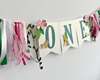 Safari Girl 1st Birthday Highchair Banner - Tropical Party Decor