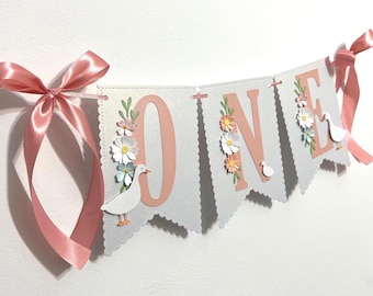 One Silly Goose Highchair Banner - Girl 1st Birthday Party Garland, Coquette Bows and Wildflowers
