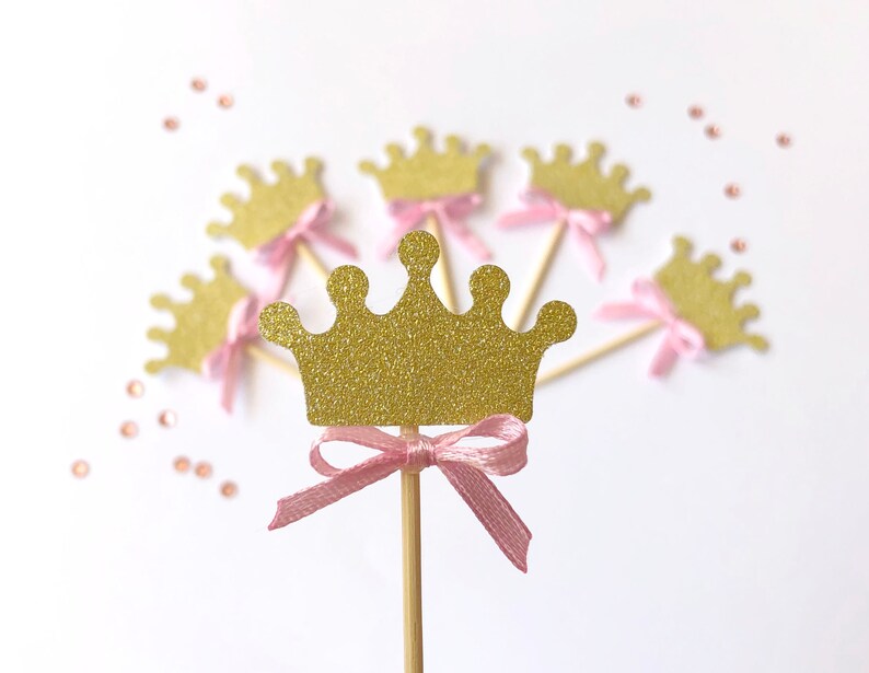 12 décorations pour cupcakes princesse. Couronne Cupcake Toppers. Choix de nourriture. Princesse Premier Anniversaire Or Rose Couronne Toppers Thème Princesse Paillettes D'or image 4