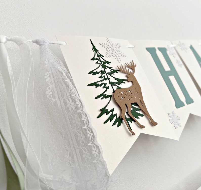 Winter Wonderland Happy Birthday Banner Forest Woodland Banner. NEUTRAL Winter Onederland Happy Birthday Banner. Snowflake Birthday Banner zdjęcie 9