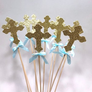 3er Set Glitzer Kreuz Taufe Mittelstücke - Glitzer Kreuz mit Schleife.  Taufe Taufe Dekorationen Kreuz Floral Picks Stick Mittelstücke