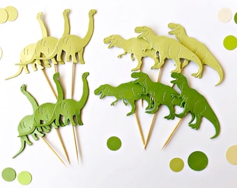 Dinosaur Cupcake Toppers - Die-Cut, Green Shimmer, Dino Party Decor