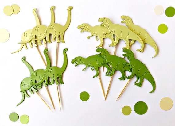 Dinosaur Cupcake Toppers - Die-Cut, Green Shimmer, Dino Party Decor