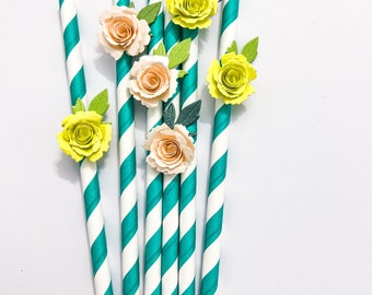 10 Rose Flower Paper Straws- Floral Baby Shower Decorations Floral First Birthday 3D Rose Flower Straws Bridal Shower Beauty Red Roses Party