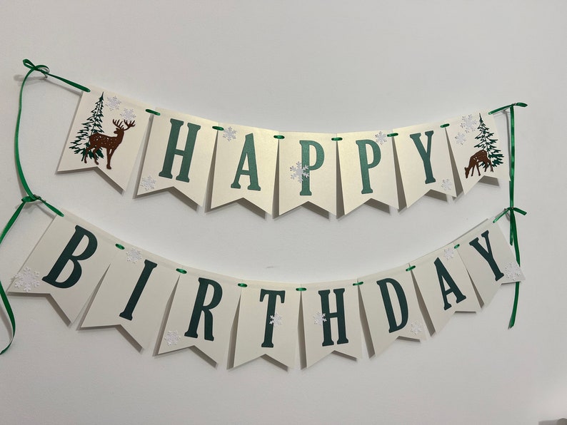 Winter Wonderland Happy Birthday Banner Forest Woodland Banner. NEUTRAL Winter Onederland Happy Birthday Banner. Snowflake Birthday Banner image 7