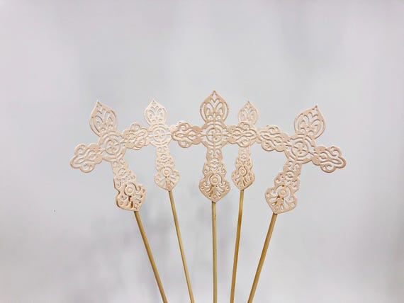 Set Centrotavola Comunione 6 Pezzi - Croci In Legno Con Fiori Finti Per Matrimoni E Battesimi - Foto 4