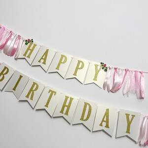 Floral Happy Birthday Banner Pink & Gold Silver 1st Birthday Decorations. Floral Birthday Banner Cake Smash Photo Flower Theme Party Decor image 2