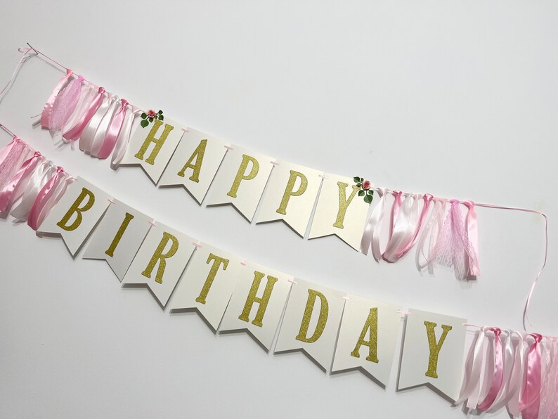 Floral Happy Birthday Banner Pink & Gold Silver 1st Birthday Decorations. Floral Birthday Banner Cake Smash Photo Flower Theme Party Decor image 2