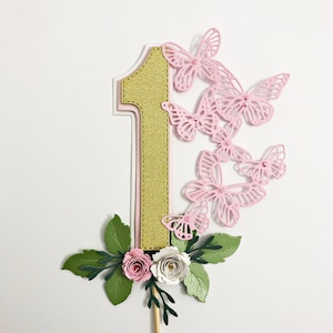 Adorno para tarta BUTTERFLY ONE, adorno floral para tarta, decoración para primer cumpleaños de mariposa, pastel floral, fiesta de primer cumpleaños de niña, fiesta temática de mariposas