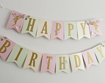 Fairy Birthday Banner - Wildflower Fairy Birthday Banner. Flowers and  Butterflies Birthday Decorations. Floral First Birthday Party Decor