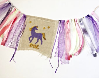 Girl First Birthday ONE Banner - Unicorn High Chair Banner. Magical Birthday Banner, Girl Smash Cake, 1st Birthday Photo Backdrop