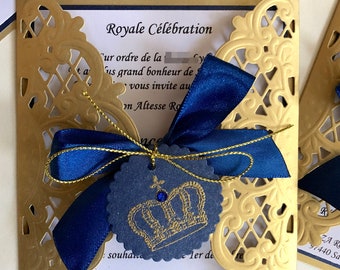 Uitnodiging babyshower Royal Prince: gouden marineblauwe kroon doop eerste verjaardagskaart