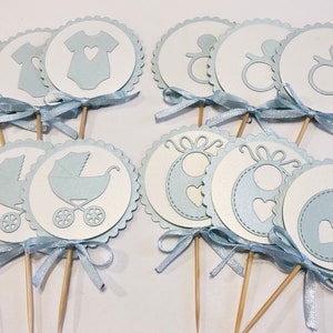Babypartydekorationen. Baby-Dusche-Kuchenstecker. Onesie Kuchenstecker. Lätzchen, Baby Kinderwagen Cupcake Topper Schnuller Cupcakes Gender Reveal