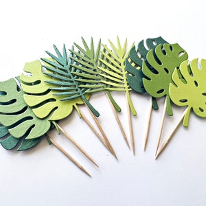 Jungle Safari Cupcake Toppers - Tropical Jungle Baby Shower Decorations. Safari Birthday Party Decor. Monstera Toppers. Tropical Leaves