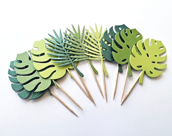 Jungle Safari Cupcake Toppers - Décorations de douche de bébé Jungle tropicale. Décor de fête d'anniversaire Safari. Hauts de forme Monstera. Feuilles tropicales