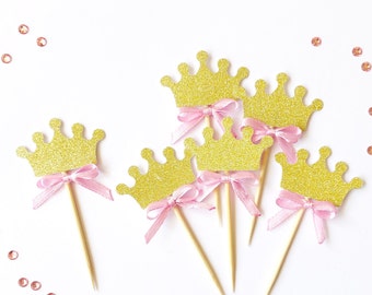 12 Princess Cupcake Topper. Krone Cupcake Toppers. Food-Picks. Princess First Birthday Pink Gold Crown Toppers Princess Theme Gold Glitter