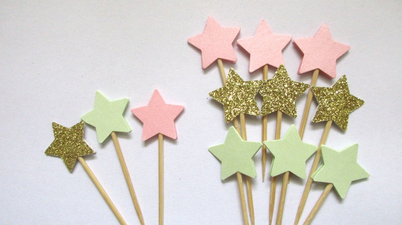 12 Pink & Gold Star Cupcake Toppers Mini Taille Twinkle Twinkle Little Star Premier Anniversaire Baby Shower Bachelorette Genre Révéler Donut Topper Pink, MInt & Gold